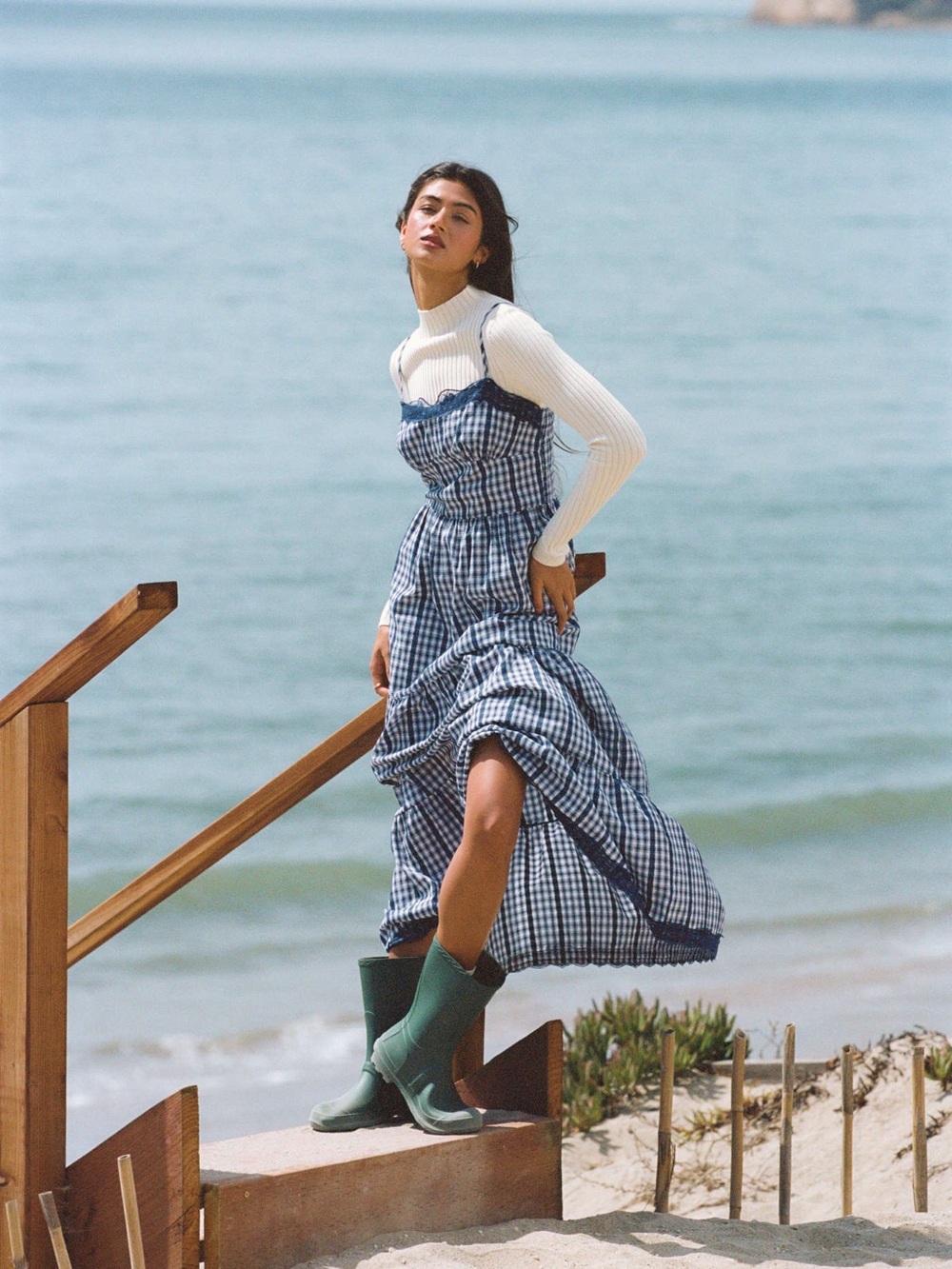 Cider COTTON-BLEND GINGHAM LACE TRIM TIERED SHIRRED MAXI DRESS navy blue XL NEW - Picture 2 of 13